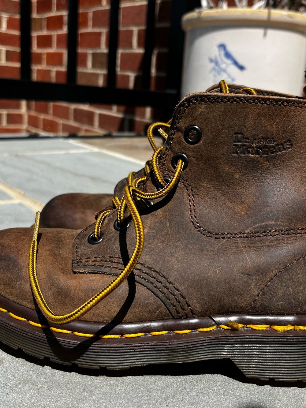 Kids Doc Martens Brown Leather Lace-Up Boots with Yellow Stitching